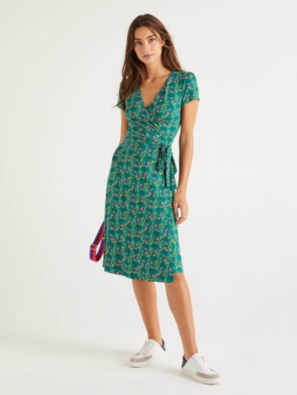 Boden Summer Wrap Sun Dress Size 8 Green Pink Floral Jersey Knit Short Sleeves